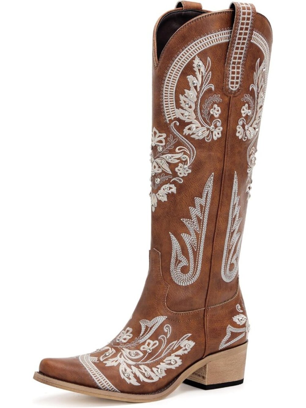 Woman's Brown Pointed Toe Embroidered Rhinestone Chunky Heel Cowgirl Boots
